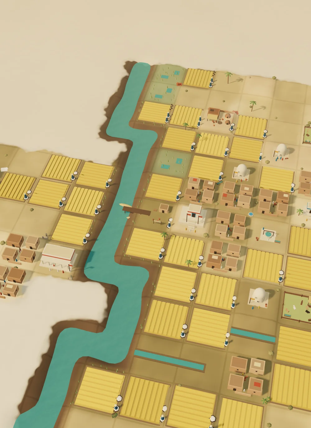 The settlement of Arinu at harvest, seen from above: gold fields on both banks of a river, mud-brick houses, a shrine and granaries.
