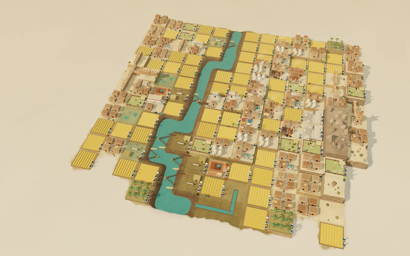 A Copper Age town on a river plain, seen from above: a smithy with its furnace and smoke, the temple of the god, quarters of houses, fields and the river.