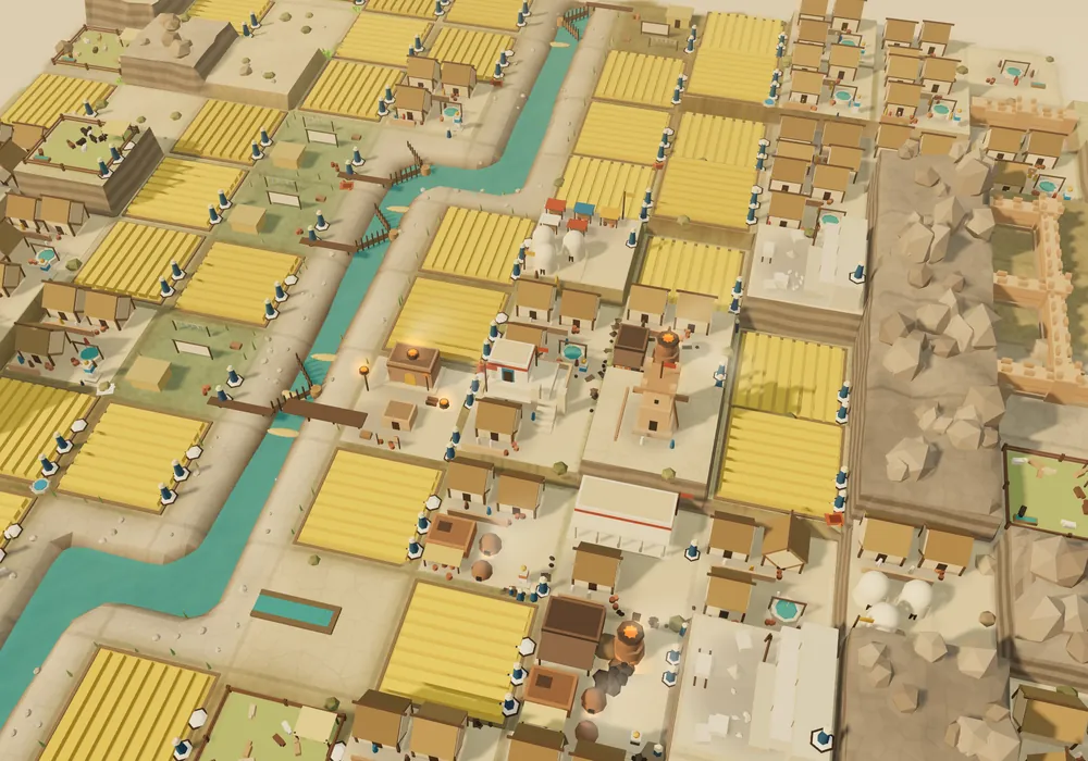 The board of a town in the copper hills, with pitched roofs and a furnace.