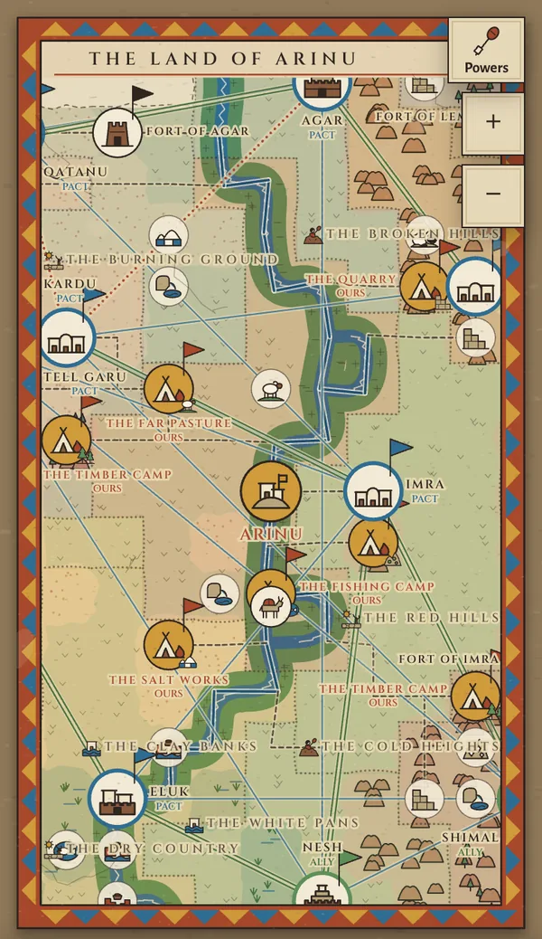 The map of twenty-one by twenty-one places some centuries in: lands lettered, routes, peoples and a traveller.