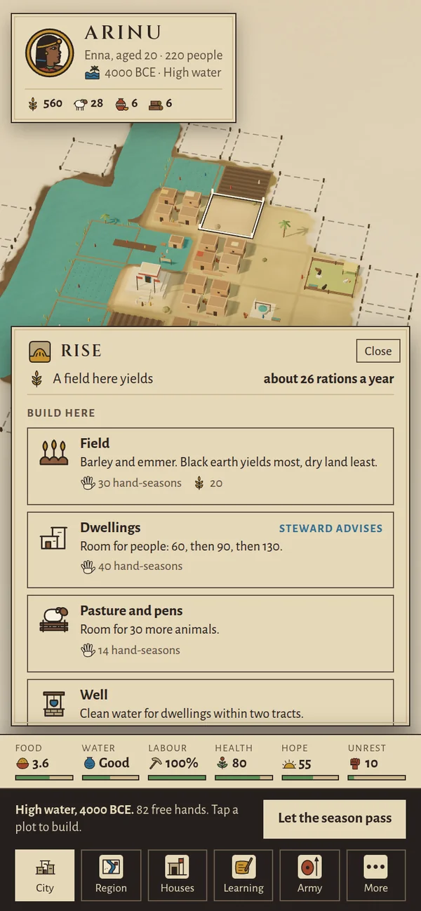 A field’s sheet in the game: its ground, how far it is from the houses, and a column each for one, two and three gangs with what they would raise.