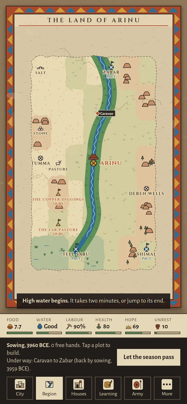 The map of the land around the settlement, drawn as a fresco: the river, hills, neighbours under pact, and camps of our own.