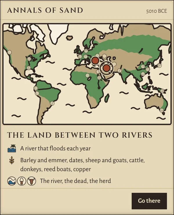 The world as it was in 5000 BCE, with a mark at each of twenty-eight cradles and the sheet of one cradle open.
